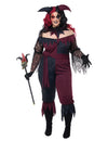 Déguisement joker psychopathe pour femme rouge et noir avec coiffe et sceptre