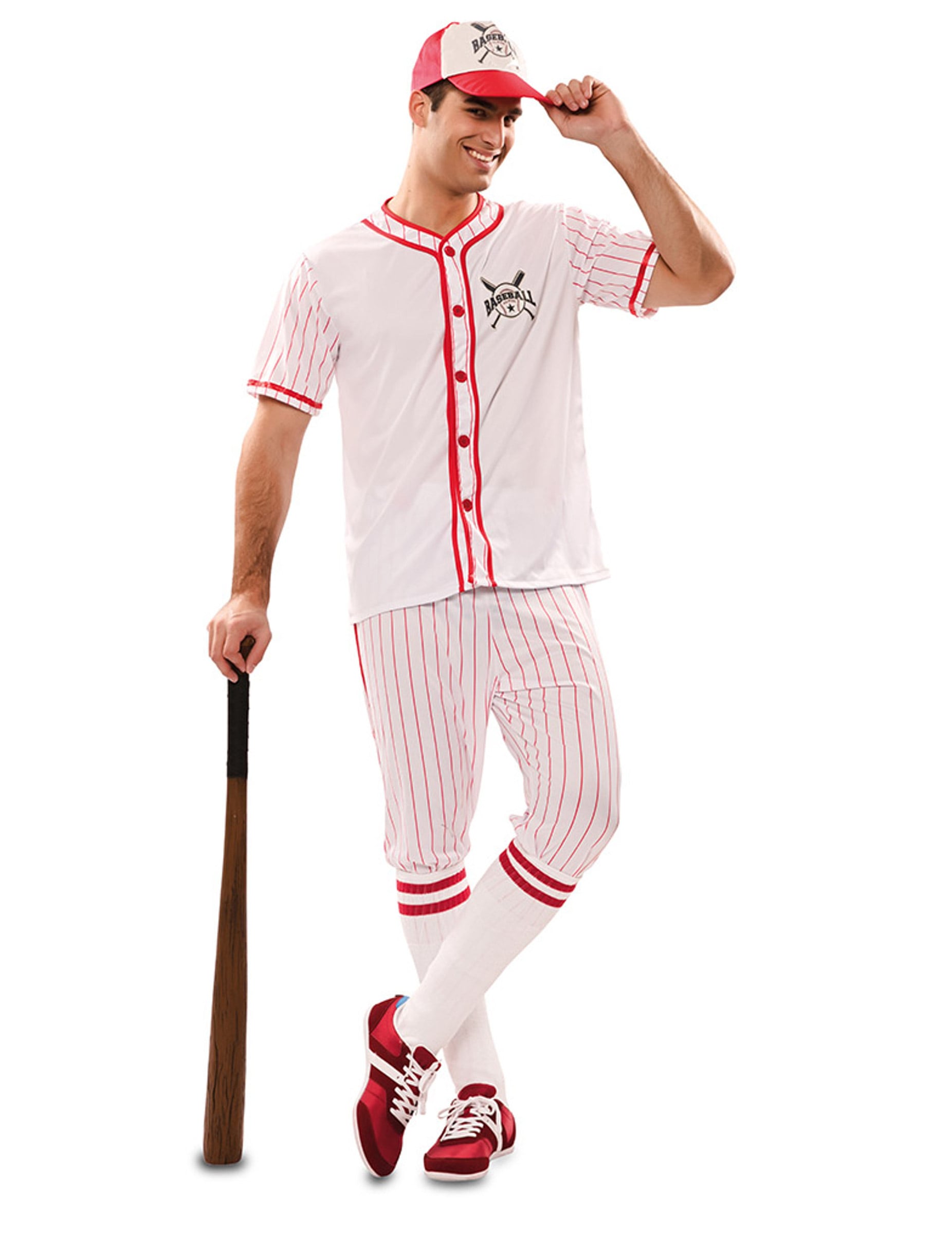 Déguisement de joueur de baseball pour homme blanc et rouge à rayures avec casquette