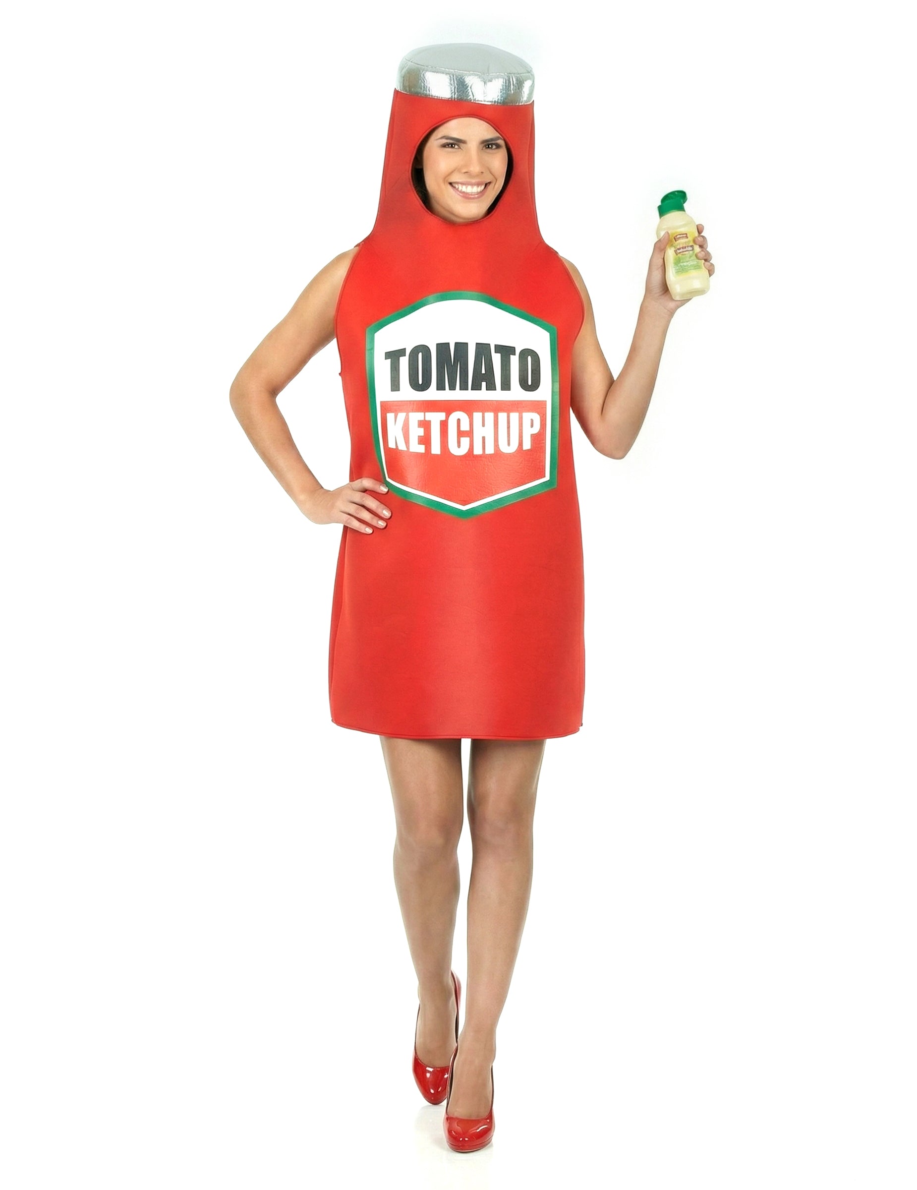 Vue de face avec bouteille de sauce du déguisement de ketchup pour adulte