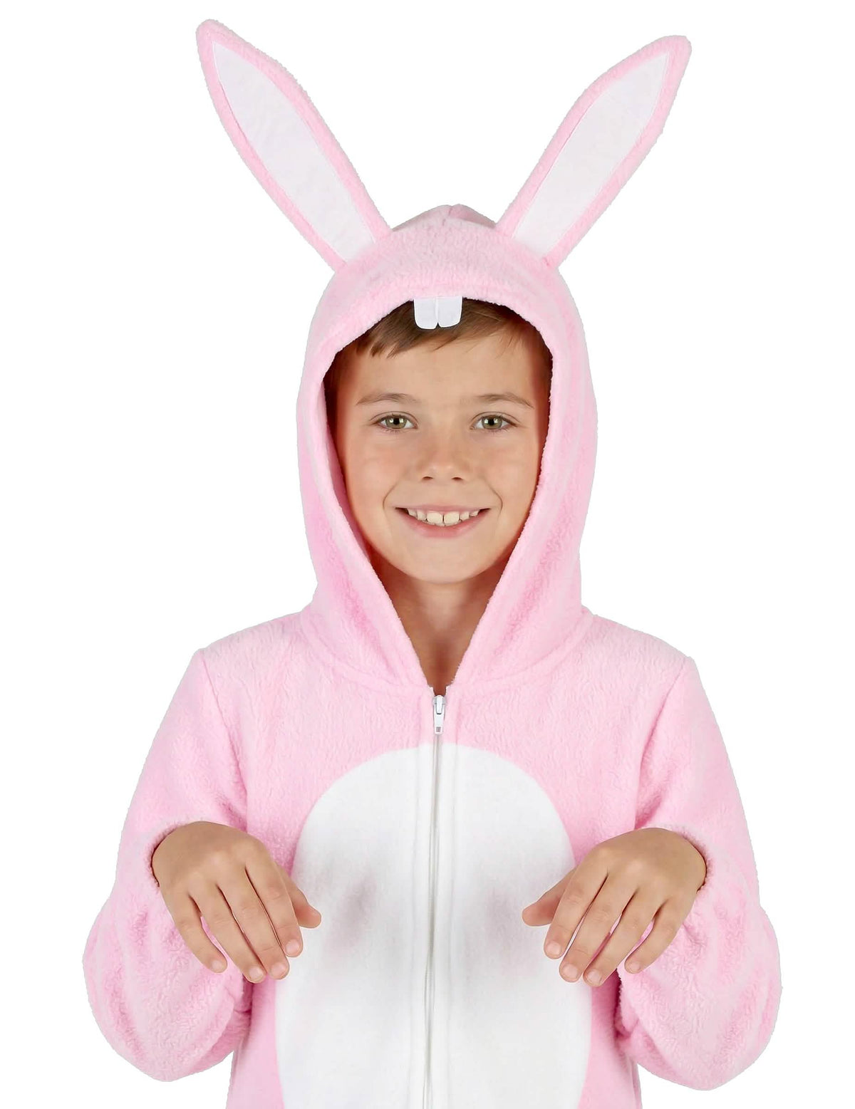 Gros plan sur la capuche à oreilles et les dents du déguisement de lapin pour enfant