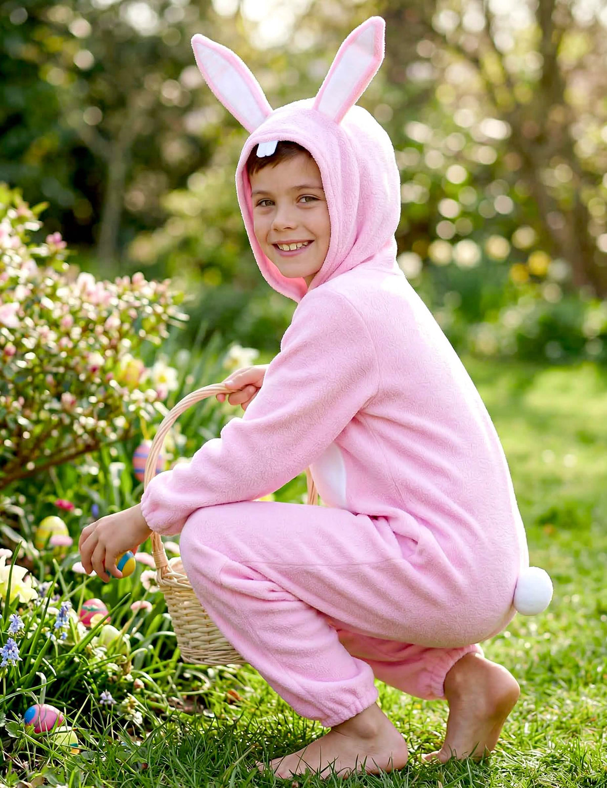 Vue de profil avec panier du déguisement de lapin pour enfant