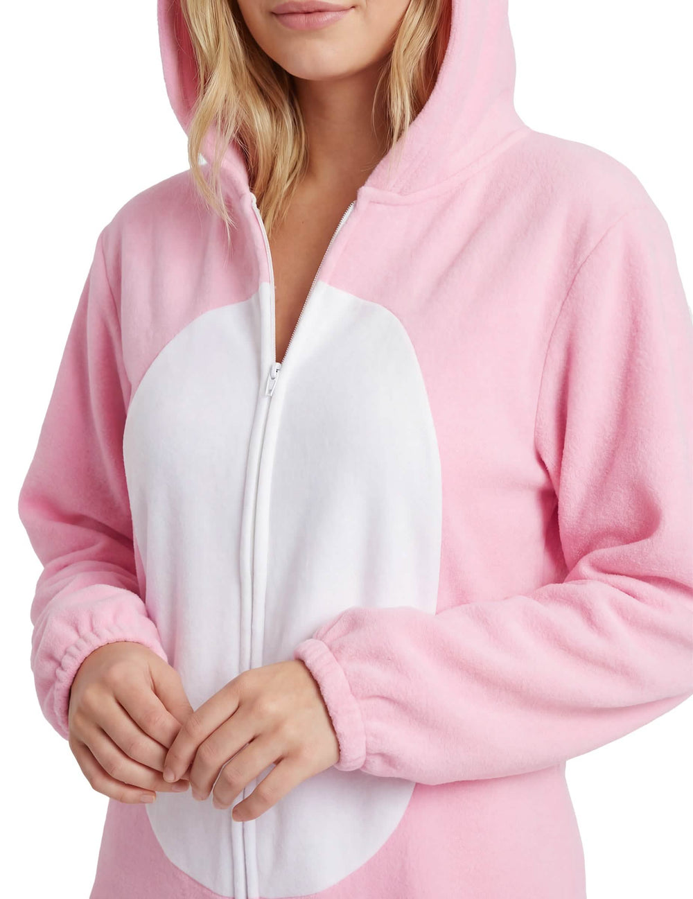Nahaufnahme von der Brust und dem Reißverschluss des Damen-Hase-Kostüms