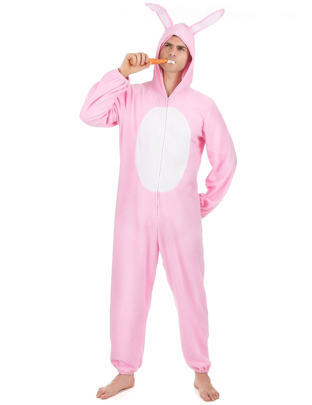 Déguisement de lapin pour homme rose avec ventre blanc et capuche à oreilles