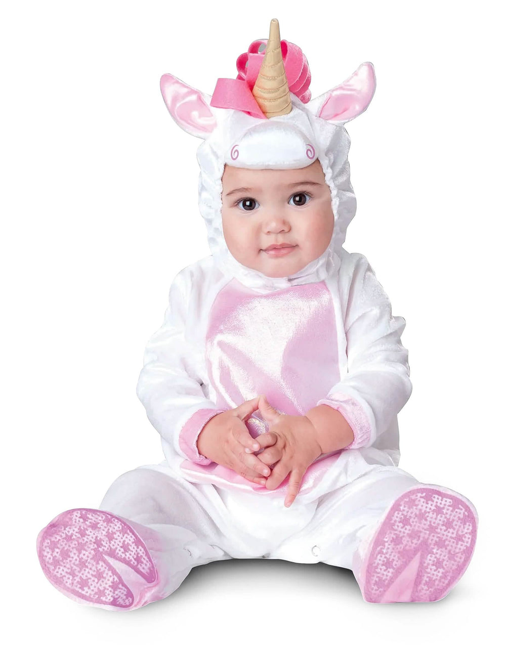 Déguisement licorne pour bébé blanc et rose avec corne dorée