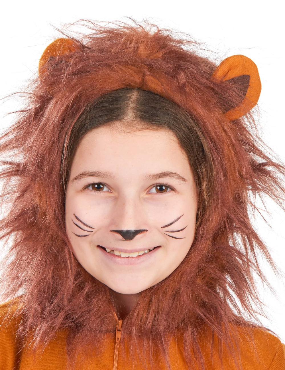 Gros plan sur la capuche à crinière du déguisement de lion effet polaire