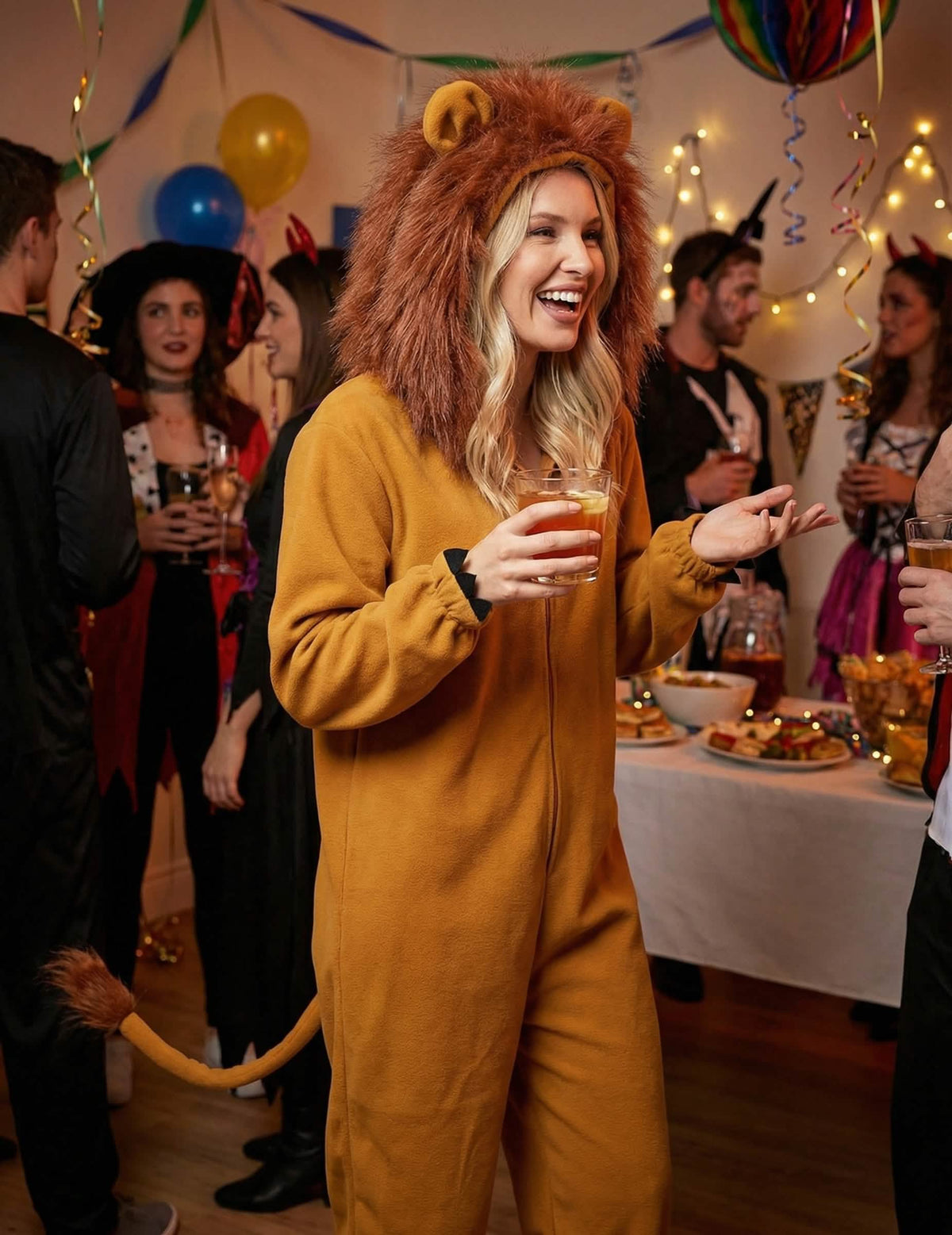 Mise en situation festive du déguisement lion fauve pour femme