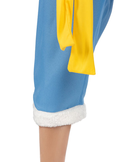 Détail du bas du pantalon bleu avec fourrure blanche et de la ceinture jaune du déguisement Luffy One Piece™