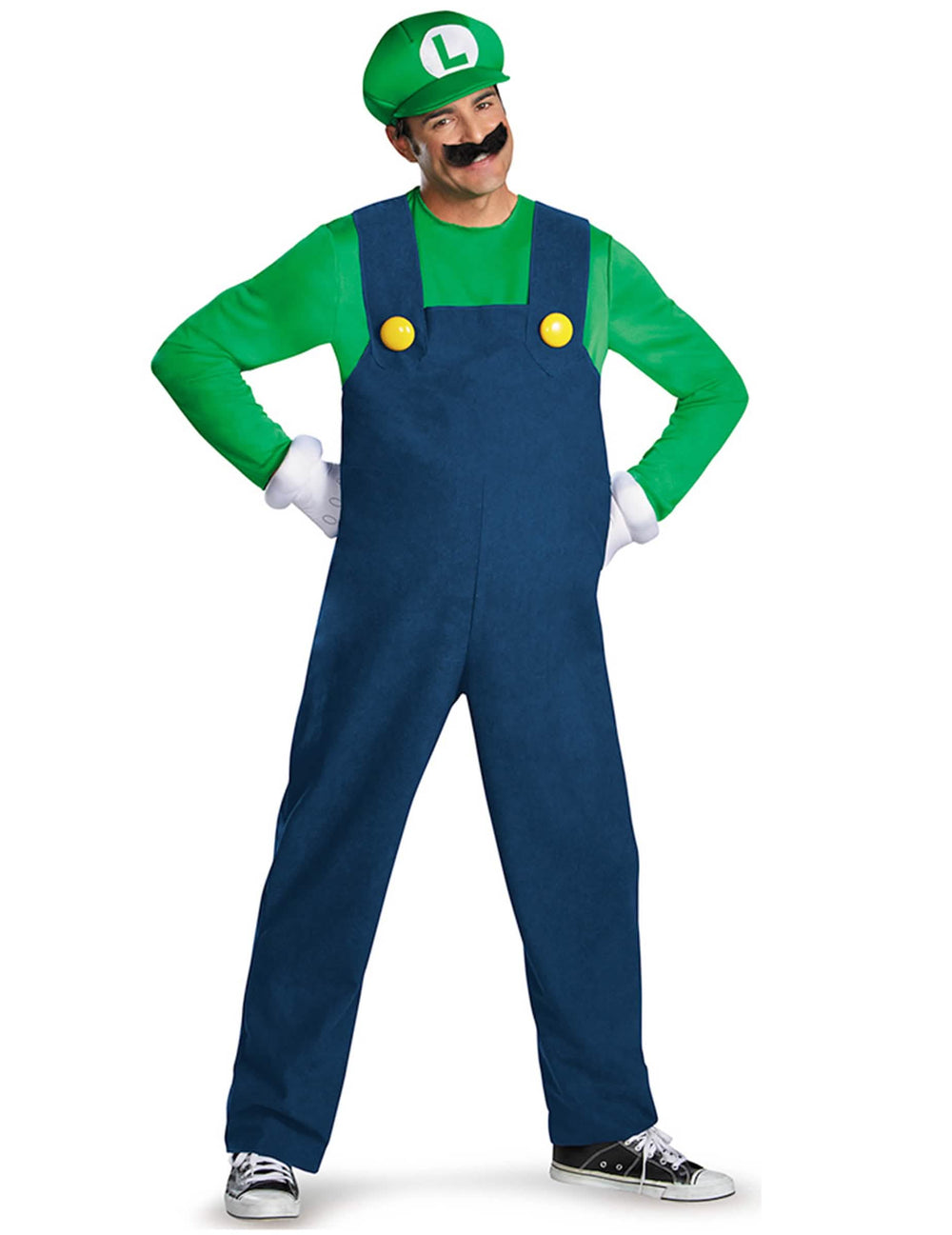 Luigi-Deluxe-Kostüm für Erwachsene Grün und Blau mit Mütze und Schnurrbart