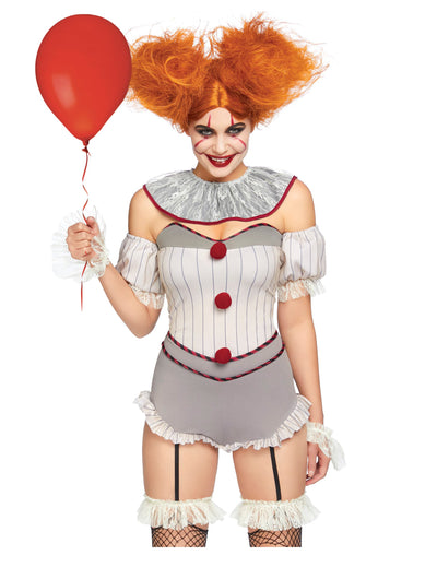 Luxuriöses Kostüm einer sexy Killer-Clownin für Damen in Grau und Weiß mit rotem Ballon