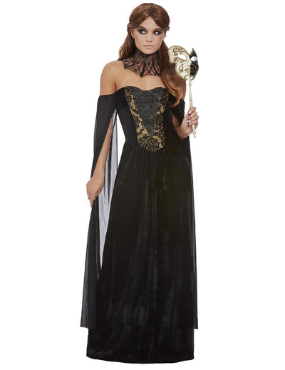 Luxus-Schwarzgräfin-Kostüm für Damen in Schwarz und Gold mit venezianischer Maske