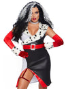 Déguisement luxe diva d'enfer sexy pour femme noir et blanc avec gants rouges et bordure dalmatien