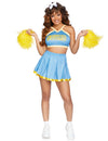 Déguisement luxe pompom girl pour femme bleu ciel avec pompons jaunes