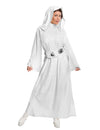 Déguisement luxe Princesse Leia pour femme Star Wars blanc avec ceinture argentée et capuche