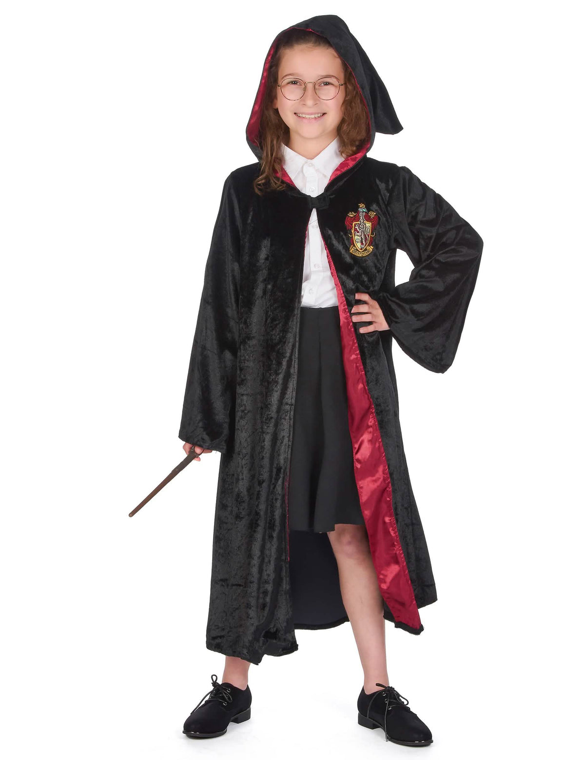 Vorderansicht mit Kapuze und Zauberstab des Luxus-Harry Potter Kostüms Kleid Kinder
