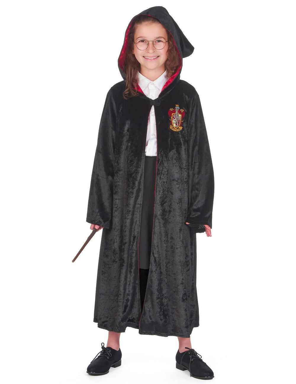 Vorderansicht mit hochgezogener Kapuze des Luxus Verkleidungsrobe Harry Potter für Kinder