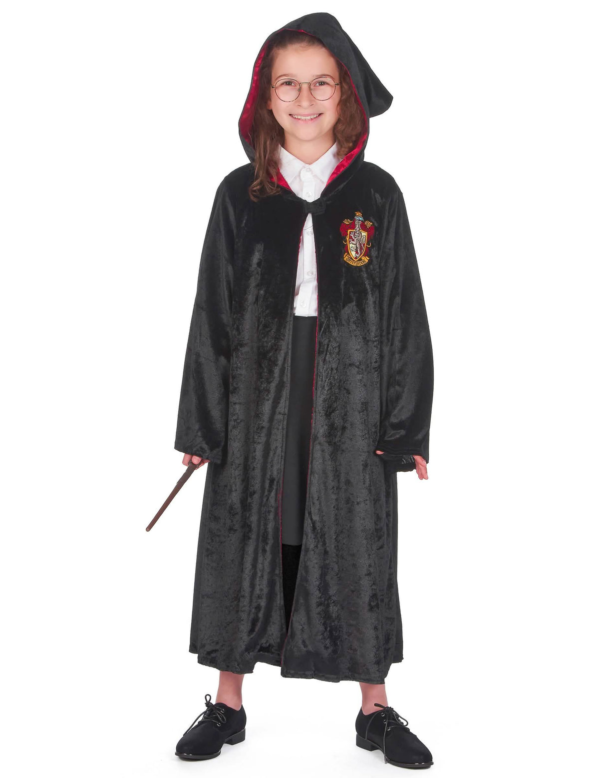 Vorderansicht mit hochgezogener Kapuze des Luxus Verkleidungsrobe Harry Potter für Kinder