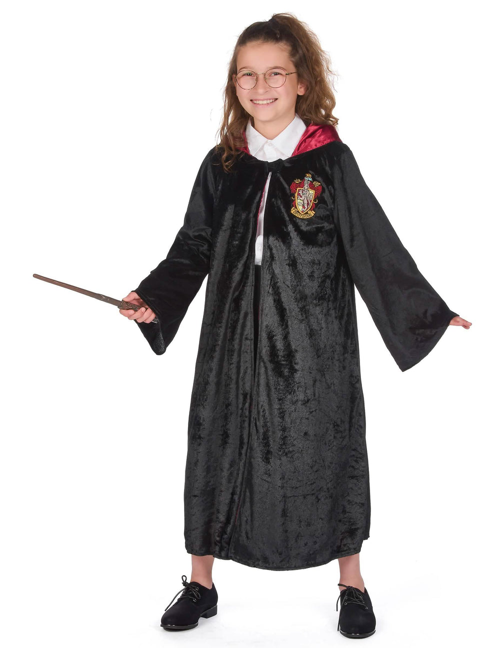 Vorderansicht mit Brillen und Zauberstab des Luxus-Kostüms Harry Potter