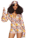 Déguisement luxe sexy boogie pour femme à motif floral orange et jaune avec bandeau