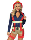 Déguisement de pompier sexy pour femme bleu et beige avec casque rouge