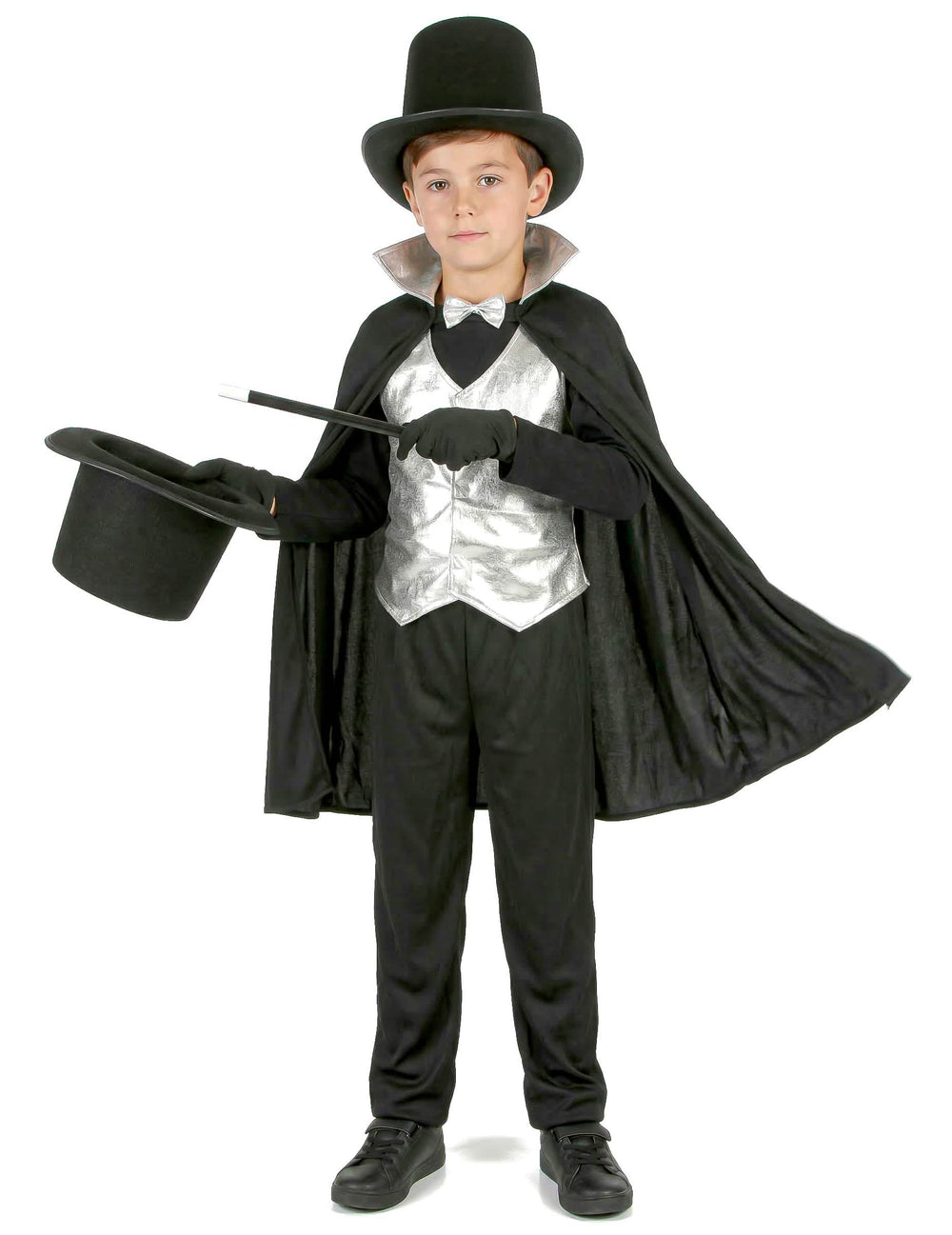 Déguisement de magicien pour garçon noir et argent avec cape et chapeau