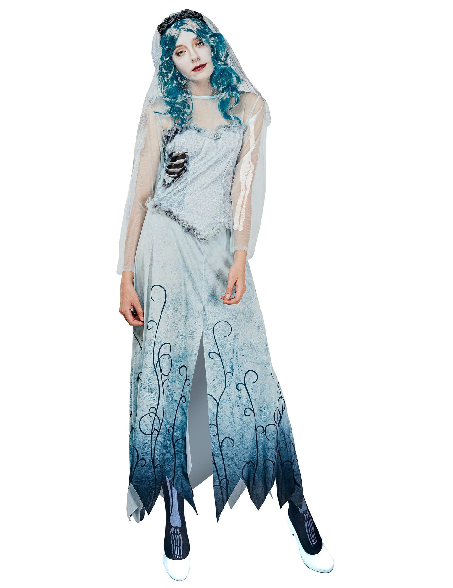 Déguisement mariée funèbre pour femme bleu et blanc avec voile et détails de squelette