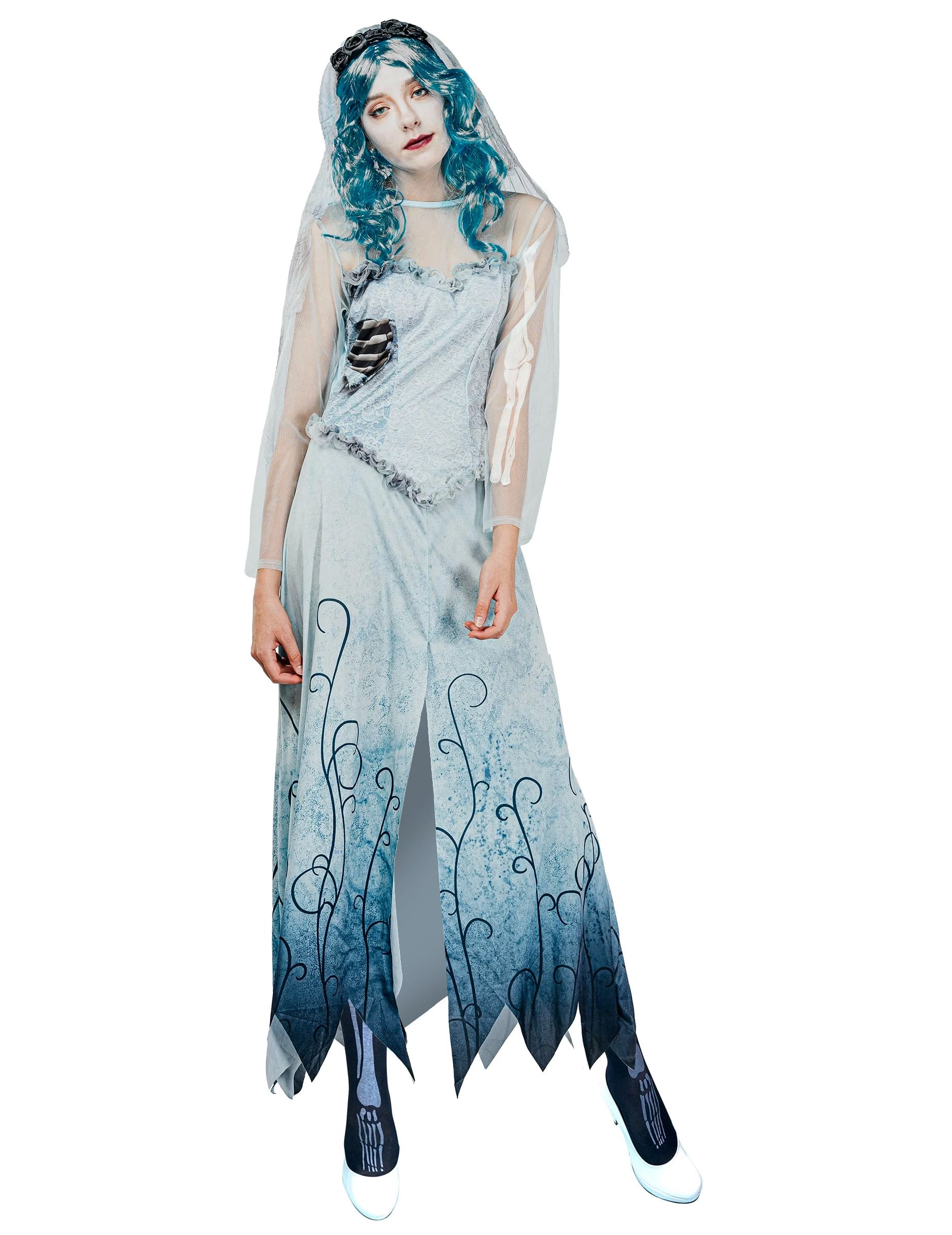 Déguisement mariée funèbre pour femme bleu et blanc avec voile et détails de squelette