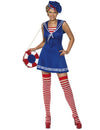 Déguisement de marin pour femme robe bleue avec chapeau et bas rayés rouges