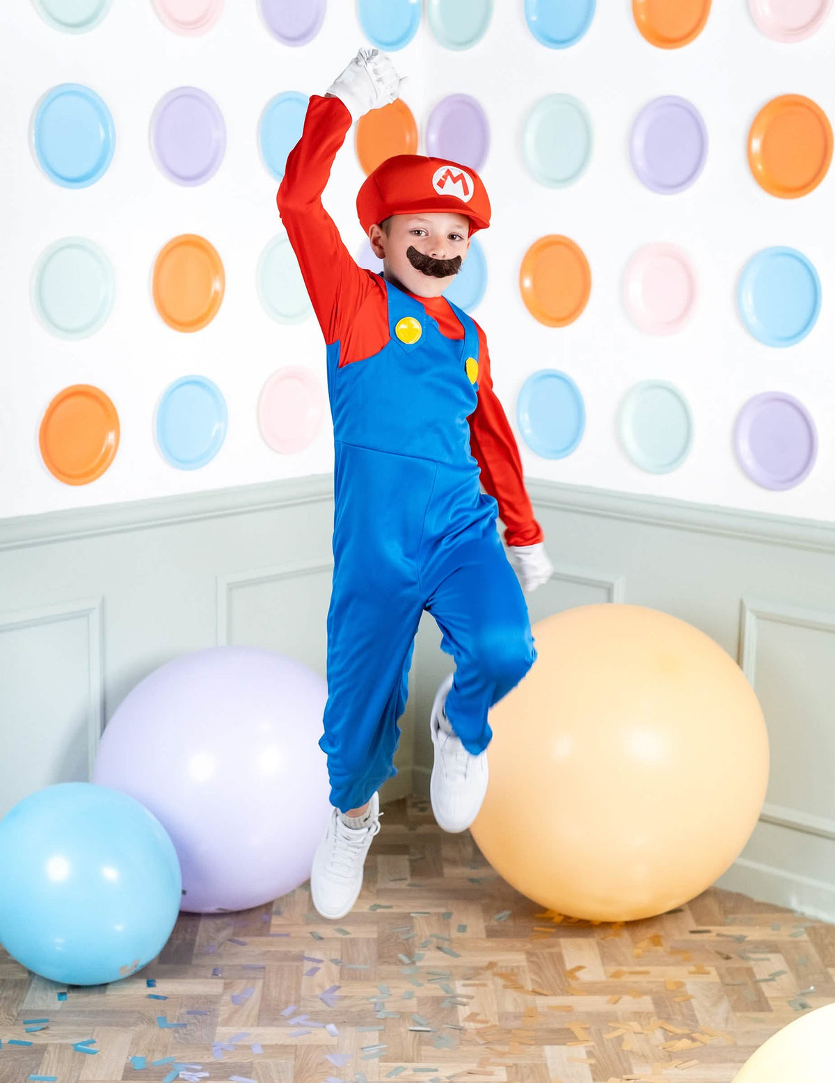 Vue de face du déguisement combinaison Mario