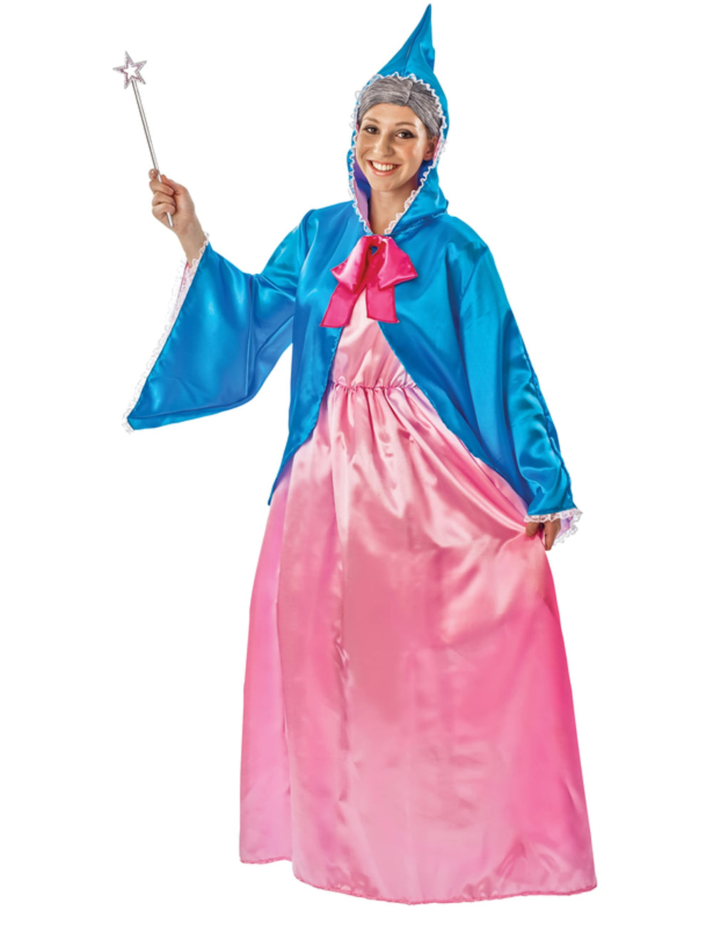 Déguisement marraine fée pour femme bleu et rose avec cape à capuche et baguette