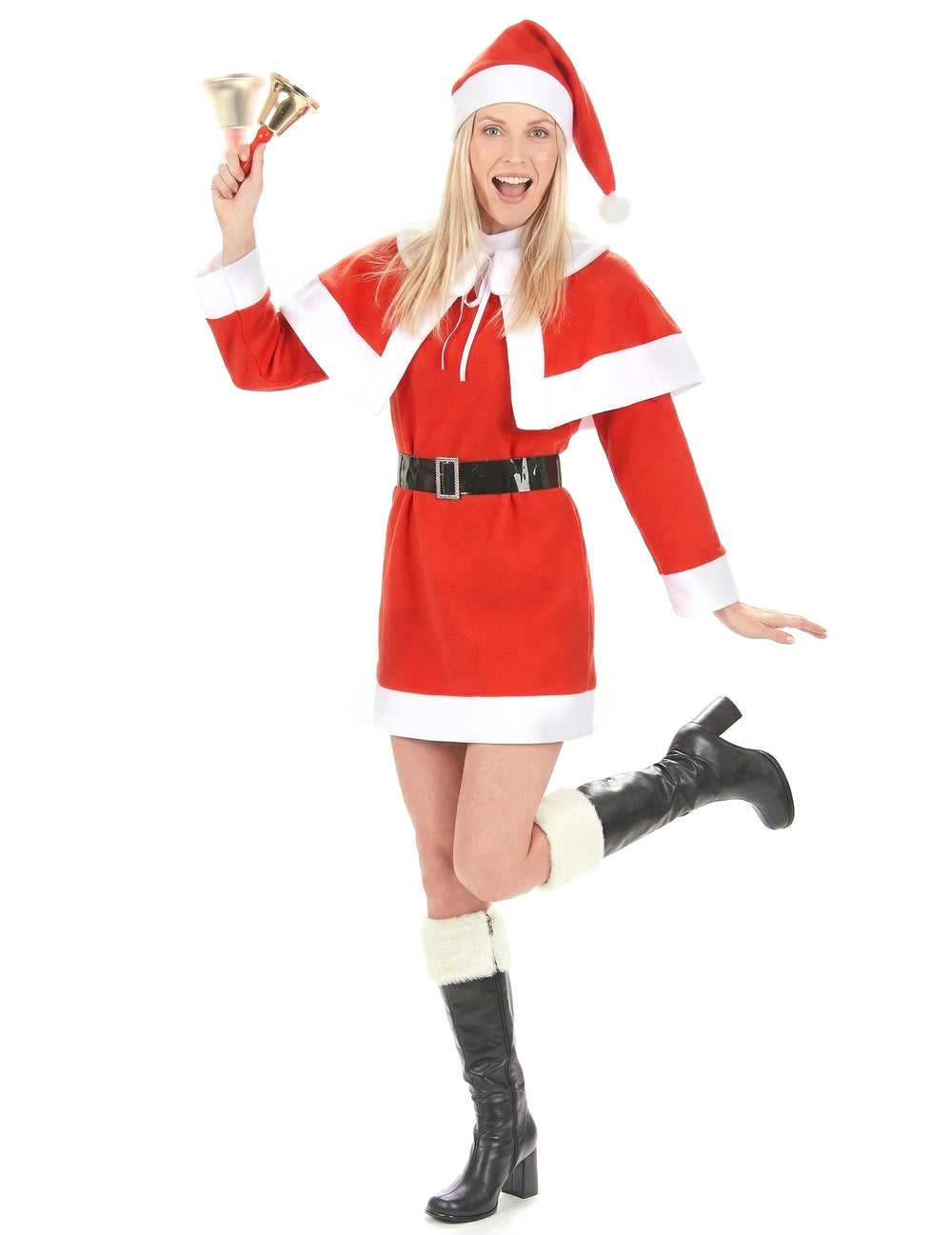 Déguisement mère Noël pour femme rouge et blanc avec pèlerine et ceinture noire
