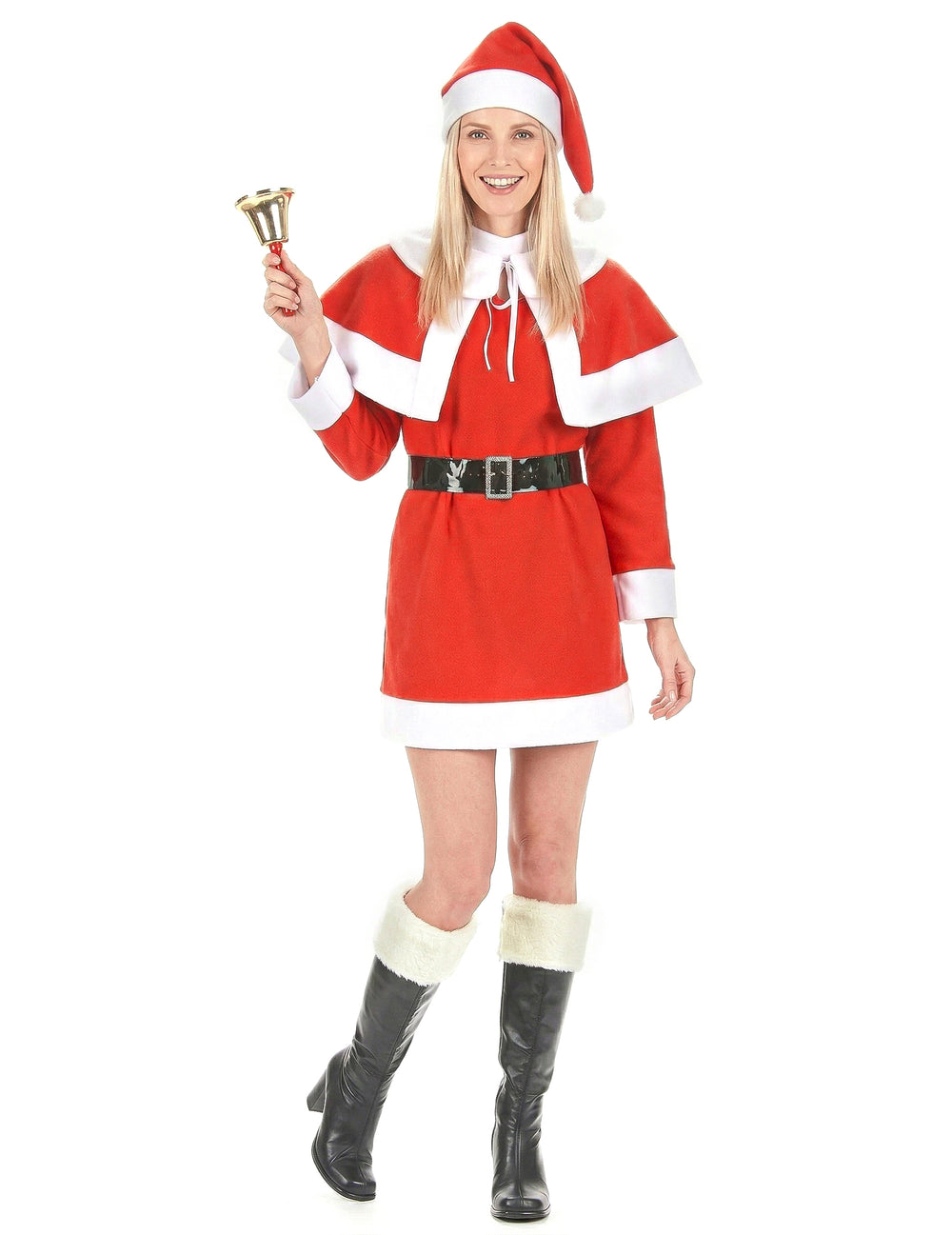 Cloche dorée tenue à la main du déguisement mère Noël pour femme