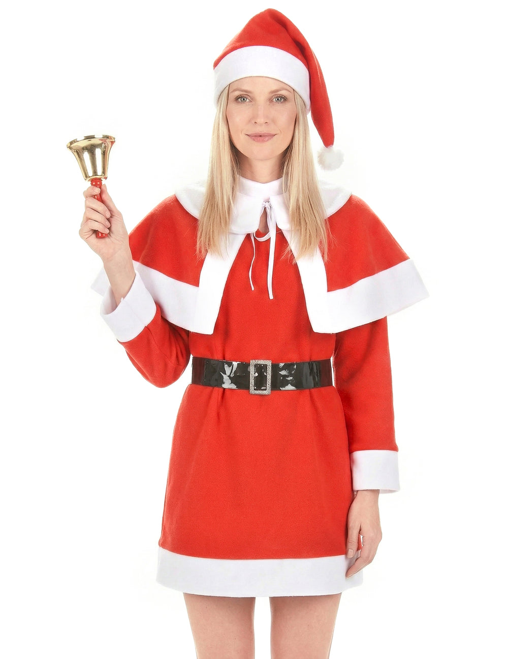 Détail du bonnet et de la pèlerine du déguisement mère Noël pour femme