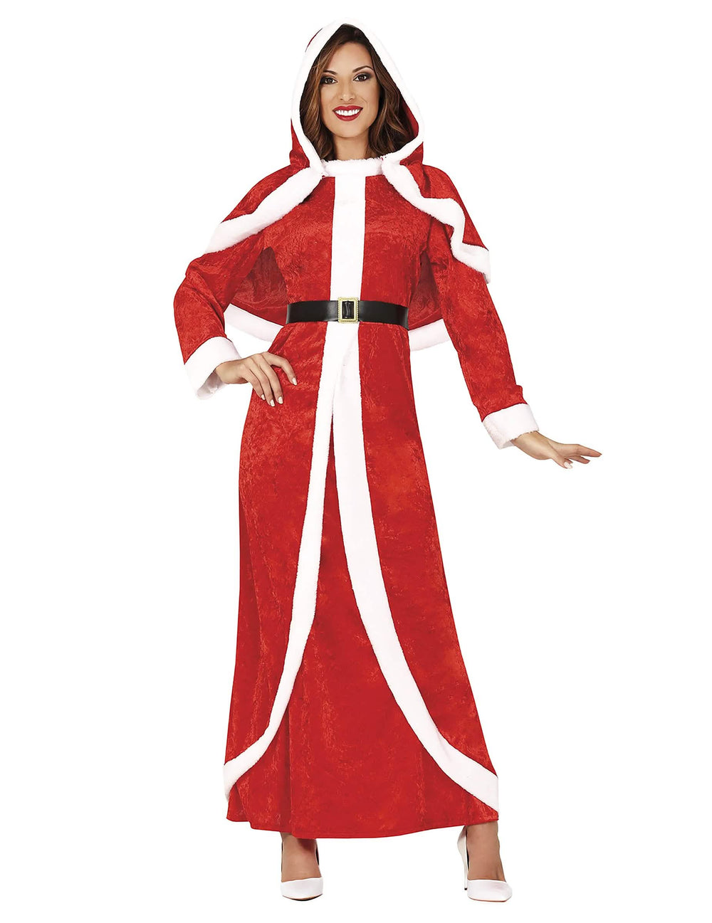 Weihnachtsfrau Kostüm langes Kleid für Damen Rot und Weiß mit Kapuze und schwarzem Gürtel