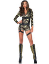 Déguisement militaire combishort pour femme camouflage et harnais noir