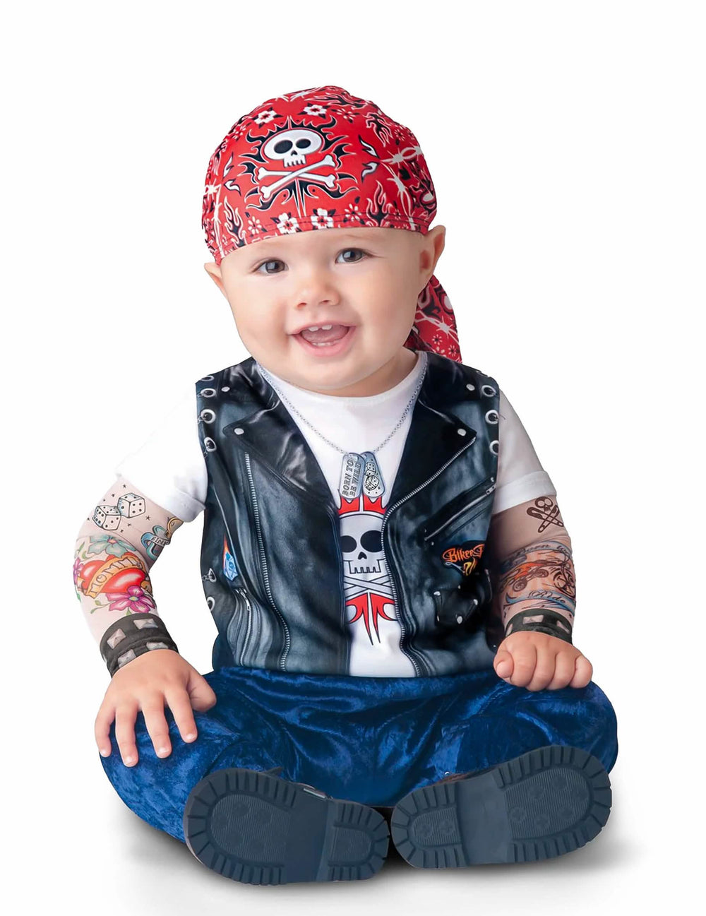 Klassisches Baby-Mini-Motorradfahrer-Kostüm mit rotem Bandana und tätowierten Ärmeln