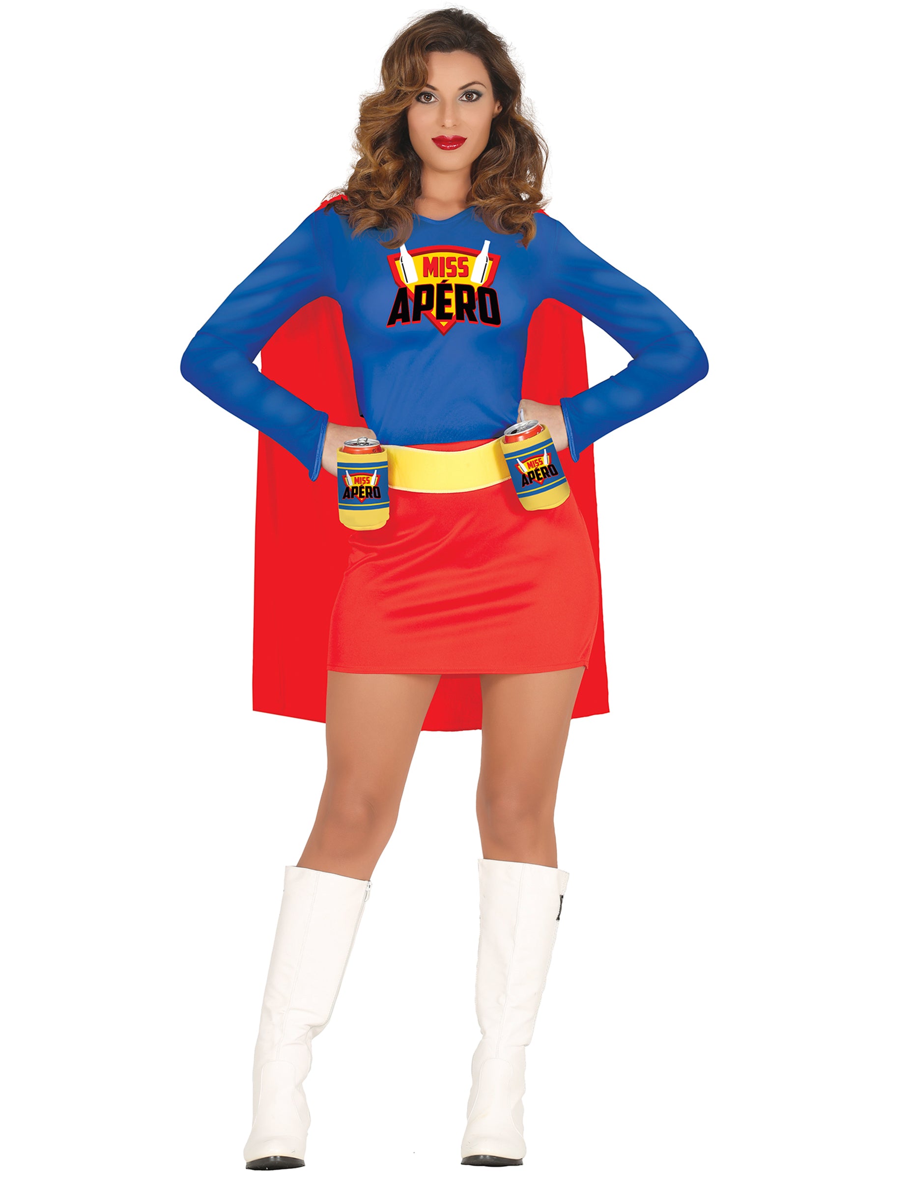 Déguisement de Miss Apéro pour femme bleu et rouge avec cape et porte-canettes