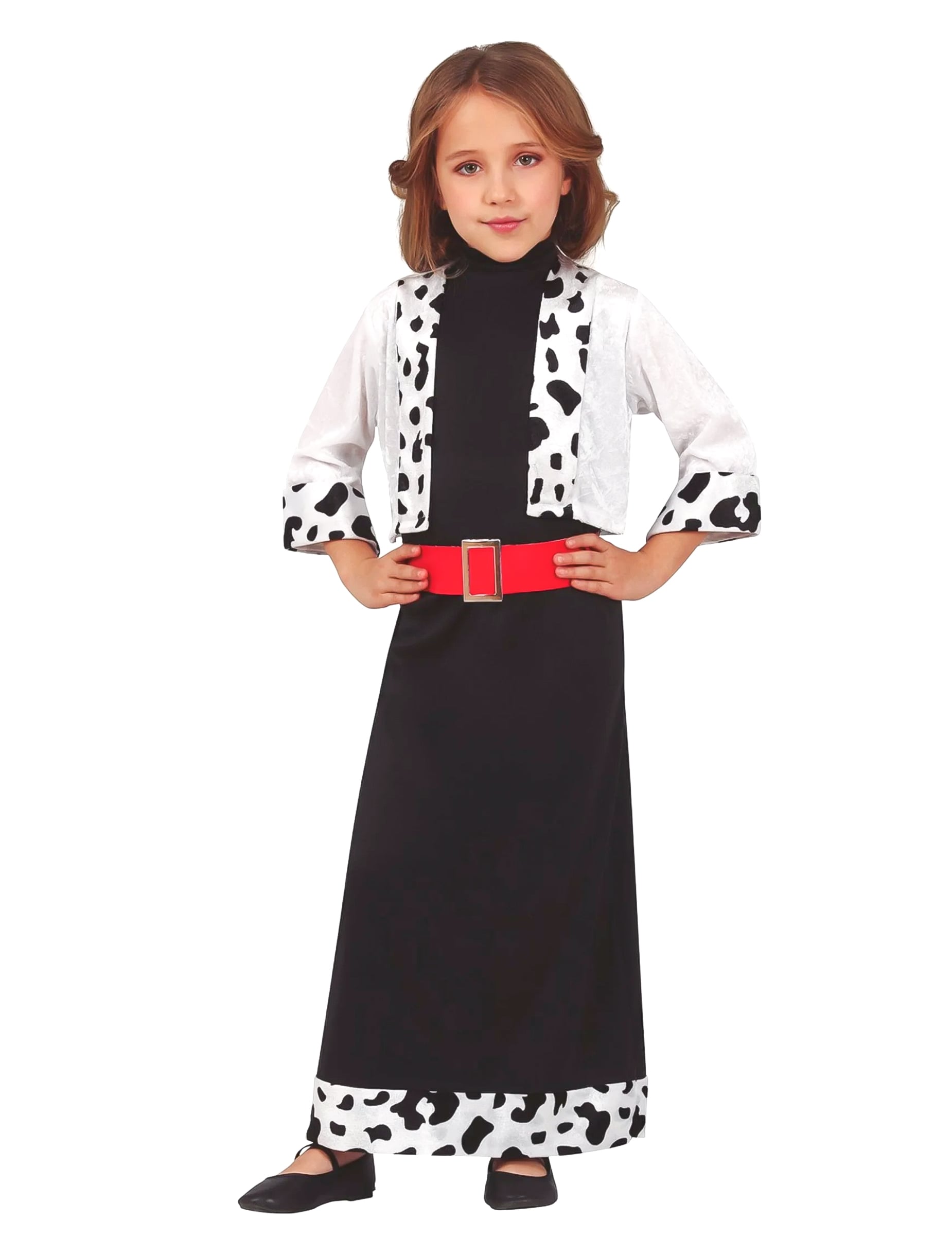 Déguisement Miss dalmatien pour fille noir et blanc avec ceinture rouge