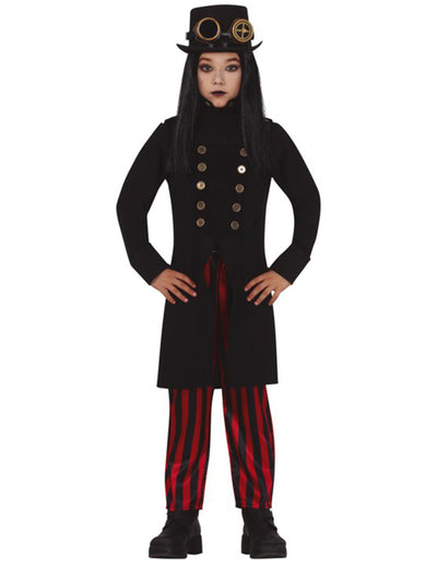 Steampunk-Miss-Kostüm für Mädchen, schwarz und rot mit Zylinder