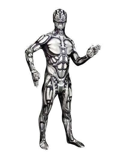 Graues und weißes Androïd Morphsuits™ Kostüm für Erwachsene mit mechanischen Mustern