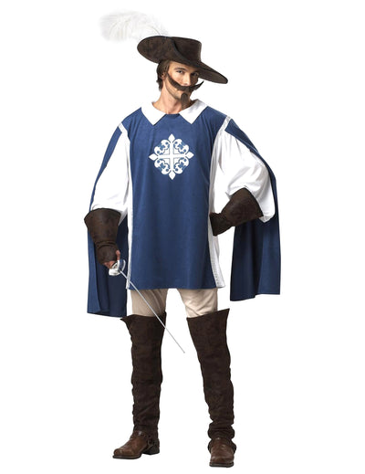 Mousquetaire-Kostüm für Herren in Blau und Weiß mit Federhut