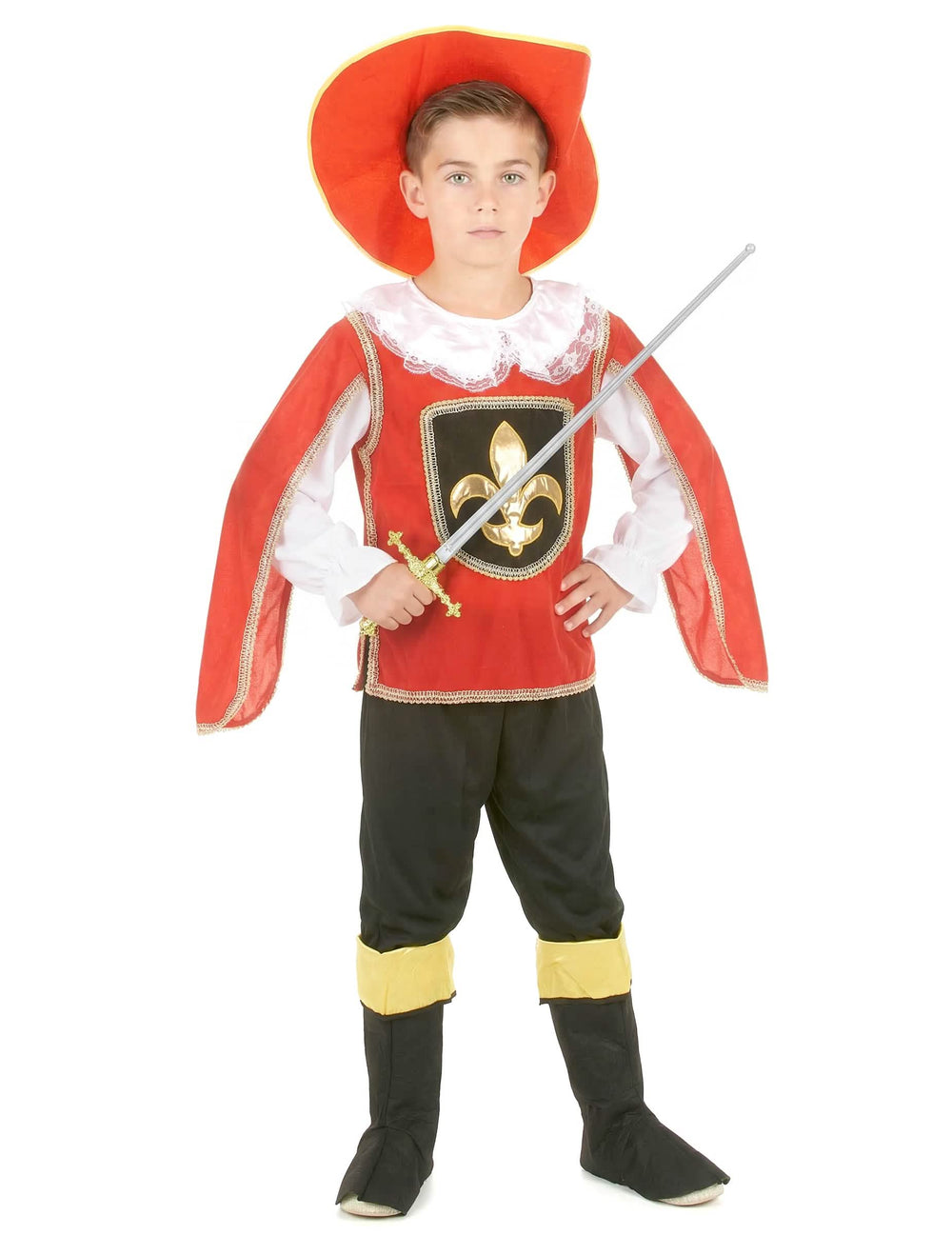 Vorderansicht mit Schwert des Musketier-Kostüms für Jungen