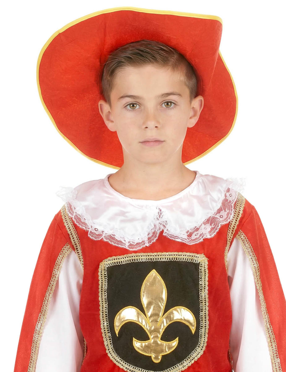 Nahaufnahme des Huts und des Kragens des Musketierkostüms für Jungen