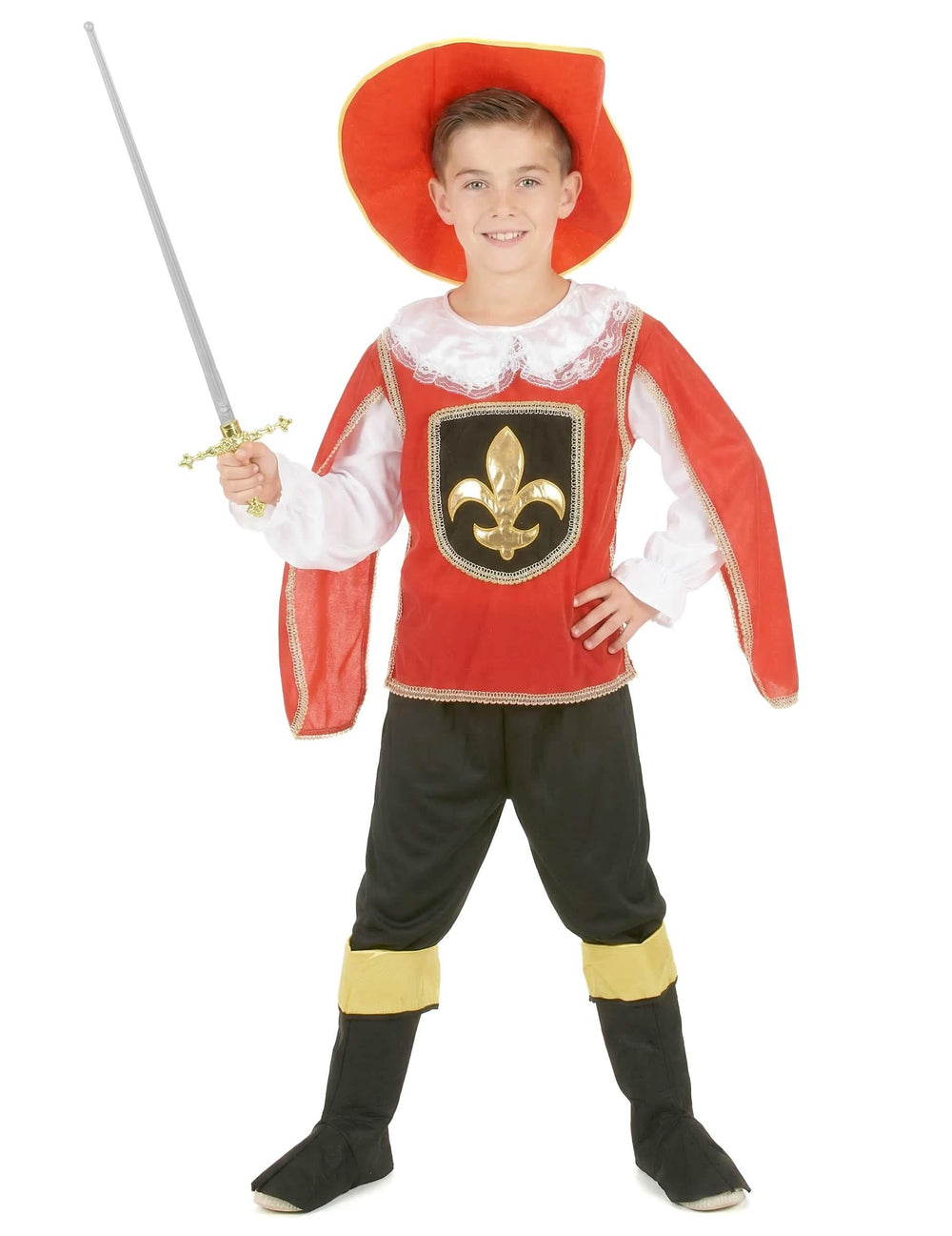 Musketierkostüm für Jungen Rot und Schwarz mit Hut und goldener Lilie