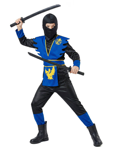 Déguisement ninja pour garçon bleu et noir avec motifs de dragon jaunes et cagoule