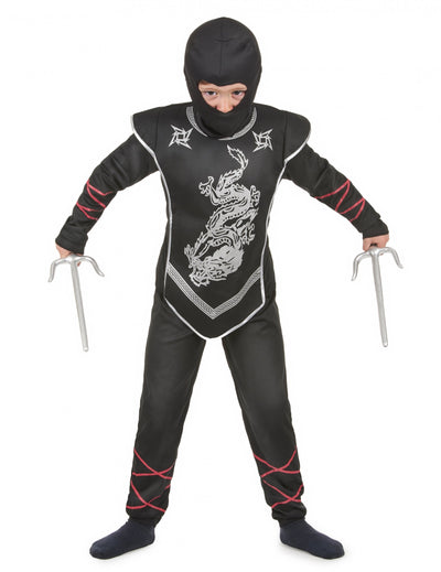 Déguisement ninja dragon argenté pour garçon noir et argent avec rubans rouges