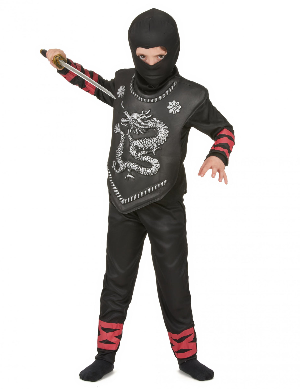 Déguisement de ninja dragon pour garçon noir et rouge avec motif dragon argenté