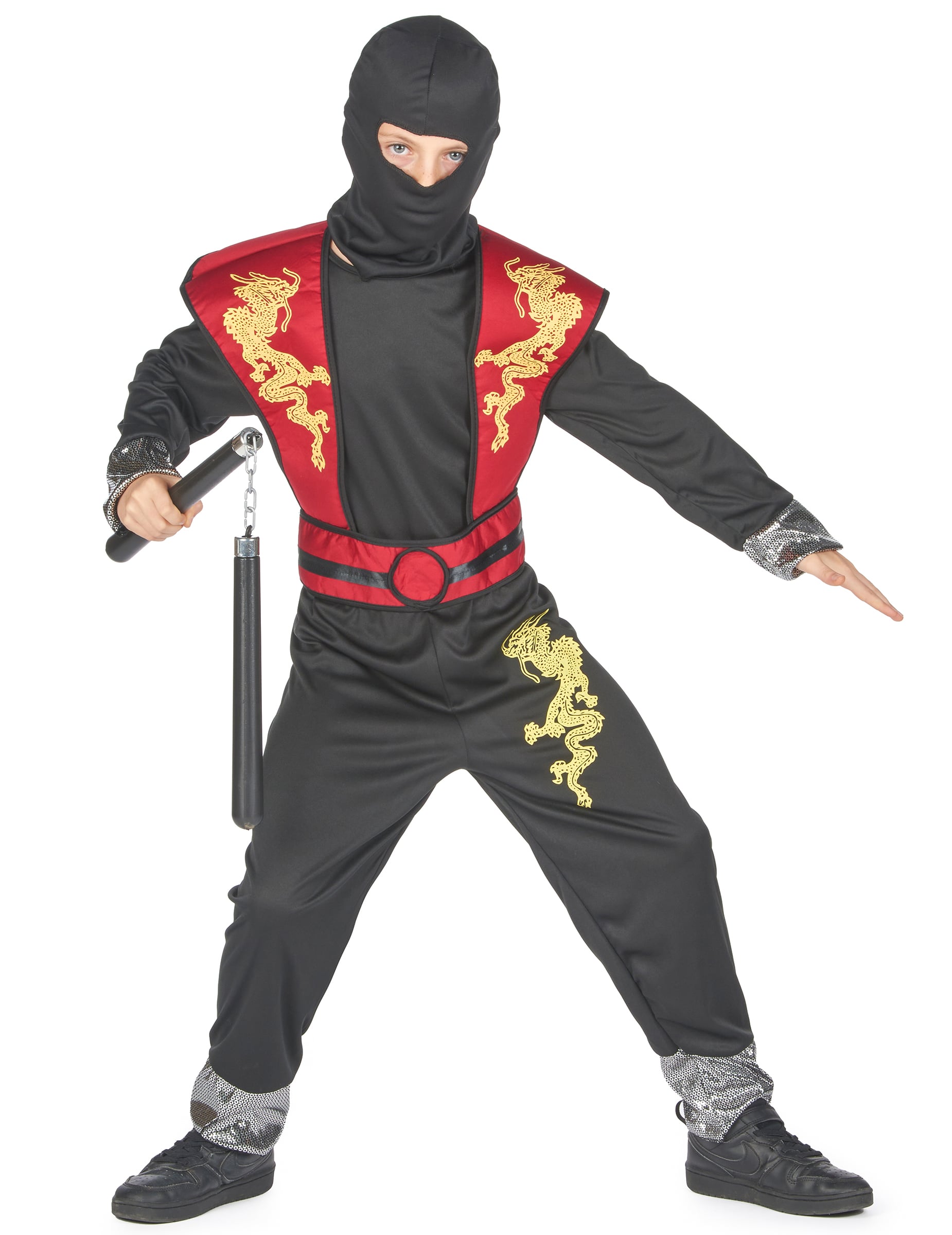 Déguisement ninja dragon jaune pour garçon noir et rouge avec cagoule