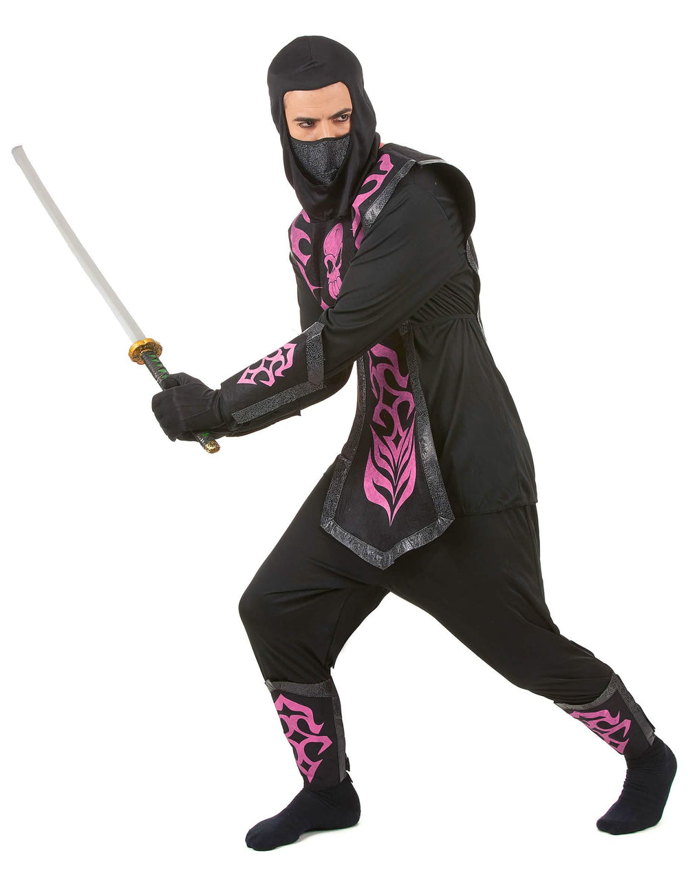Déguisement ninja effet feutrine pour homme noir avec motifs roses et crâne