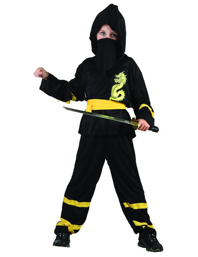 Déguisement ninja pour garçon noir avec ceinture jaune et motif dragon