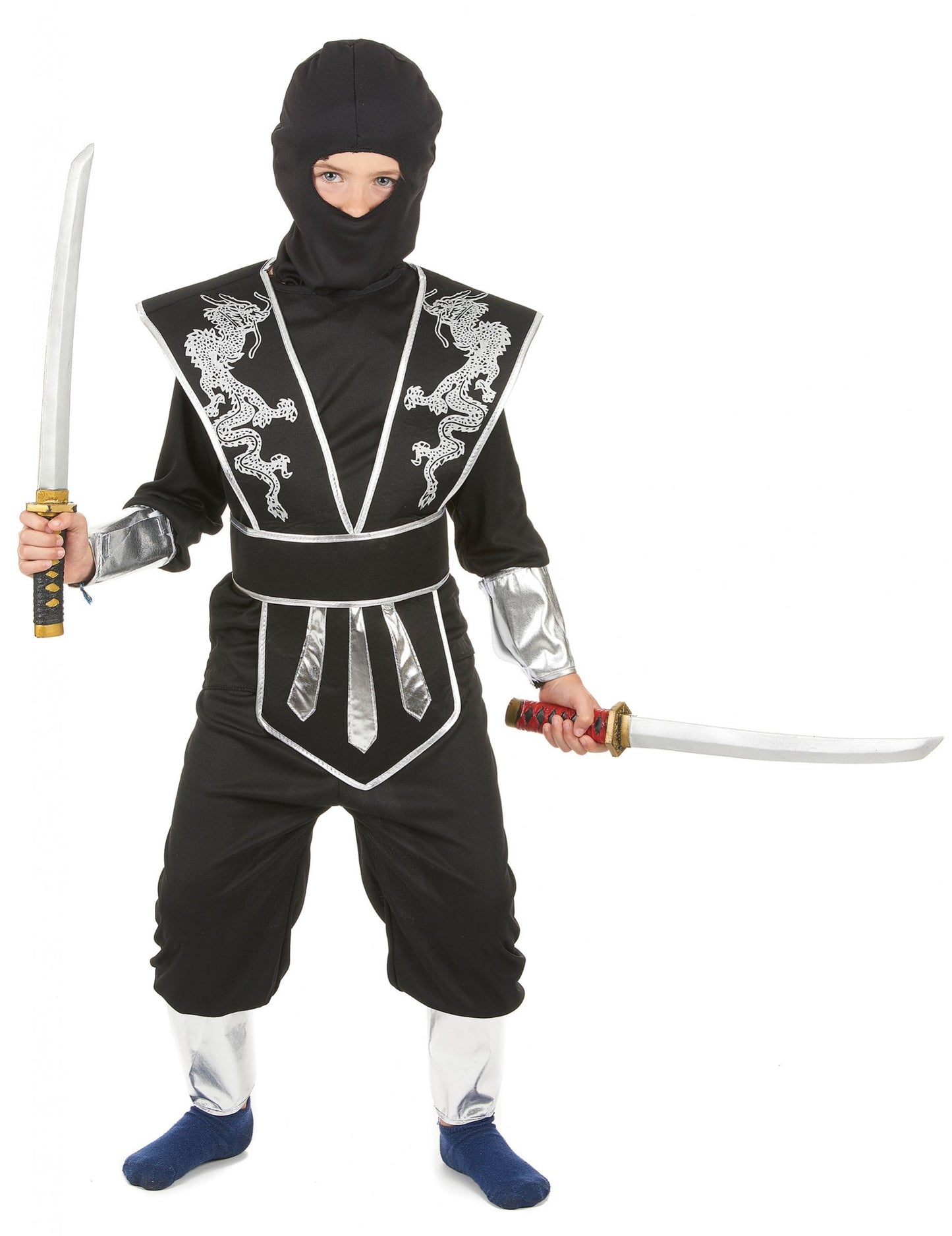 Déguisement ninja pour garçon noir et argenté avec motifs de dragons